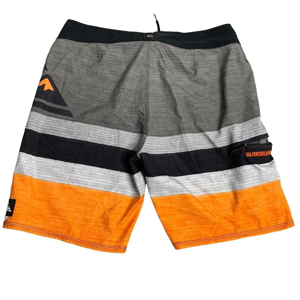 Quiksilver Board Shorts Swim Trunks 32 Grey Stripe Drawstring Hook Loop Pocket